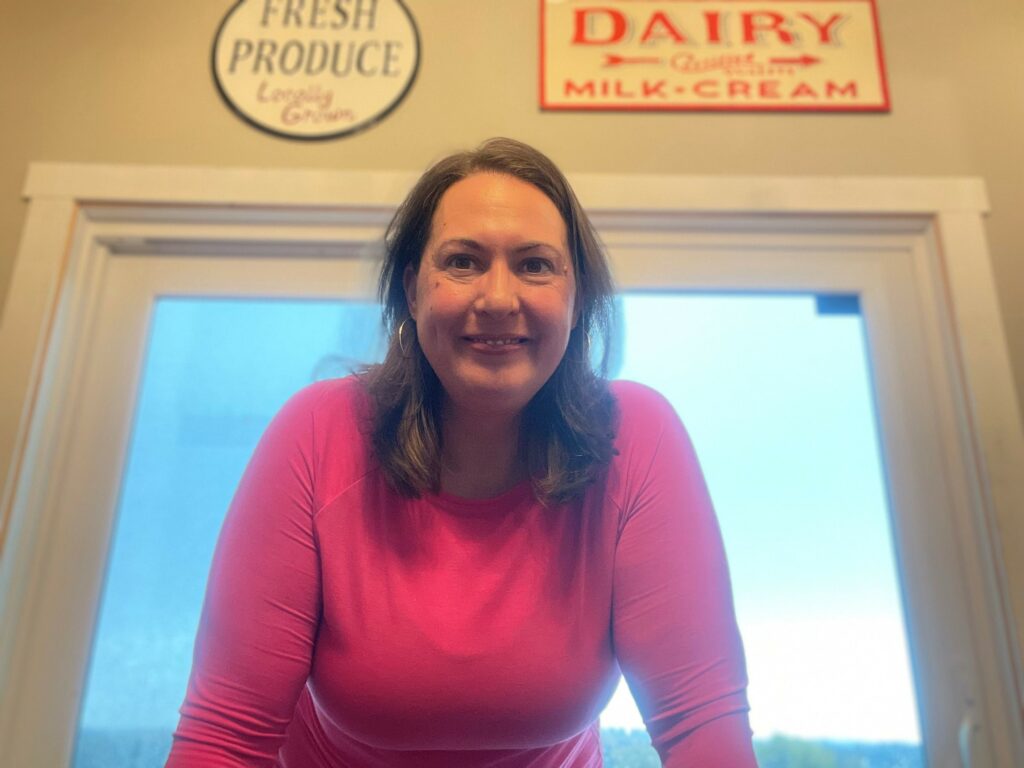 Woman in pink shirt