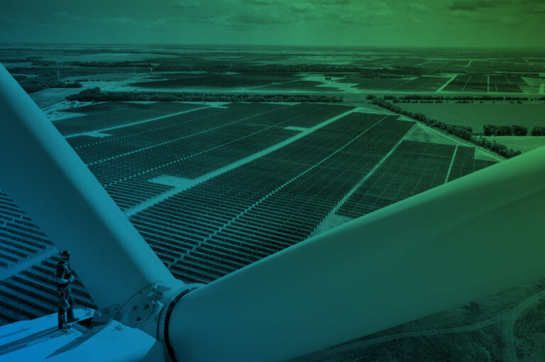 Wind turbine overlooking solar farm with green and blue gradient