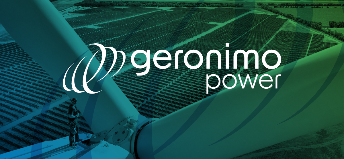 Wind turbine overlooking solar farm with green and blue gradient and Geronimo Power logo
