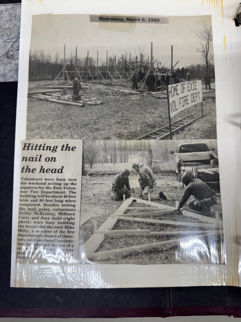 Newspaper clipping about building the Exie Volunteer Fire Department from 1996