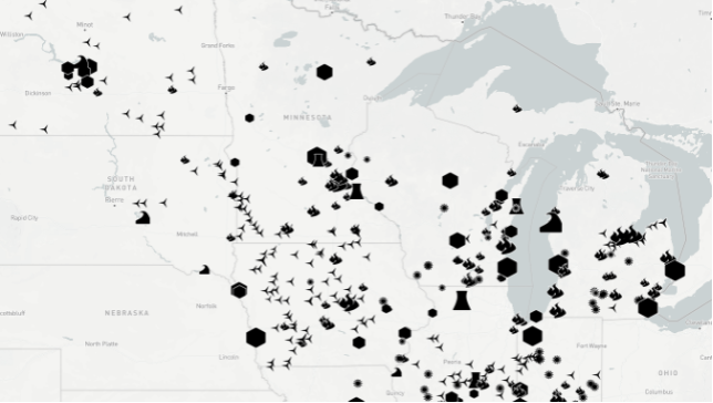 Map of MISO pricing nodes and generation sources across the Midwest